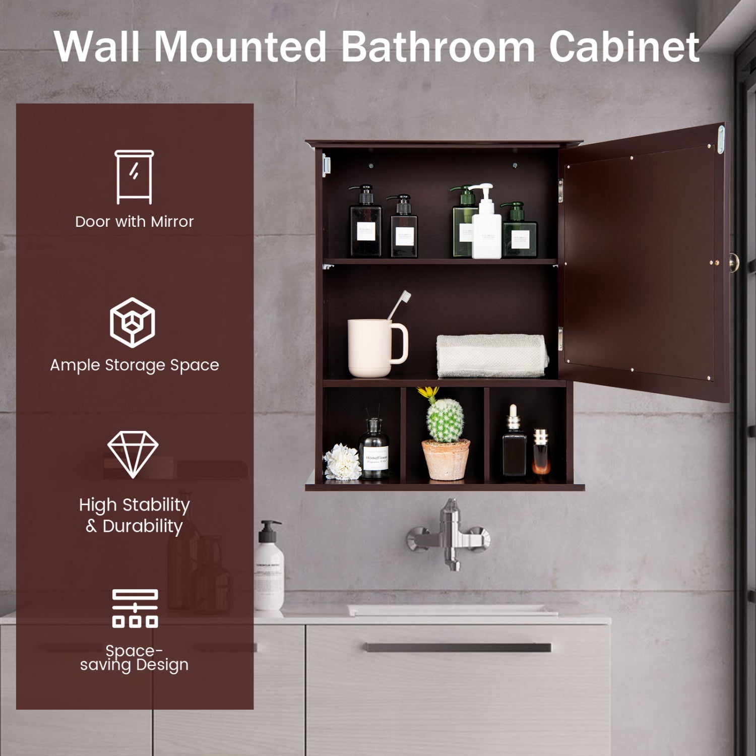 Wall Mounted Mirrored Bathroom Cabinet, Brown Wall Cabinets at Gallery Canada
