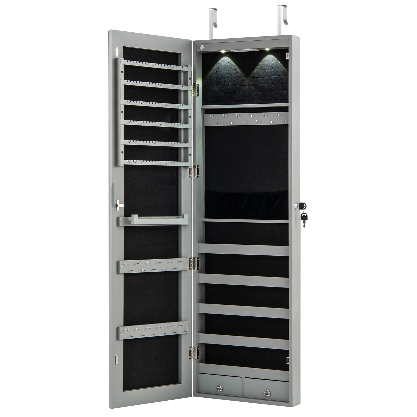 Wall Door Mounted Mirrored Jewelry Cabinet With Lights, Gray Jewelry Armoires at Gallery Canada