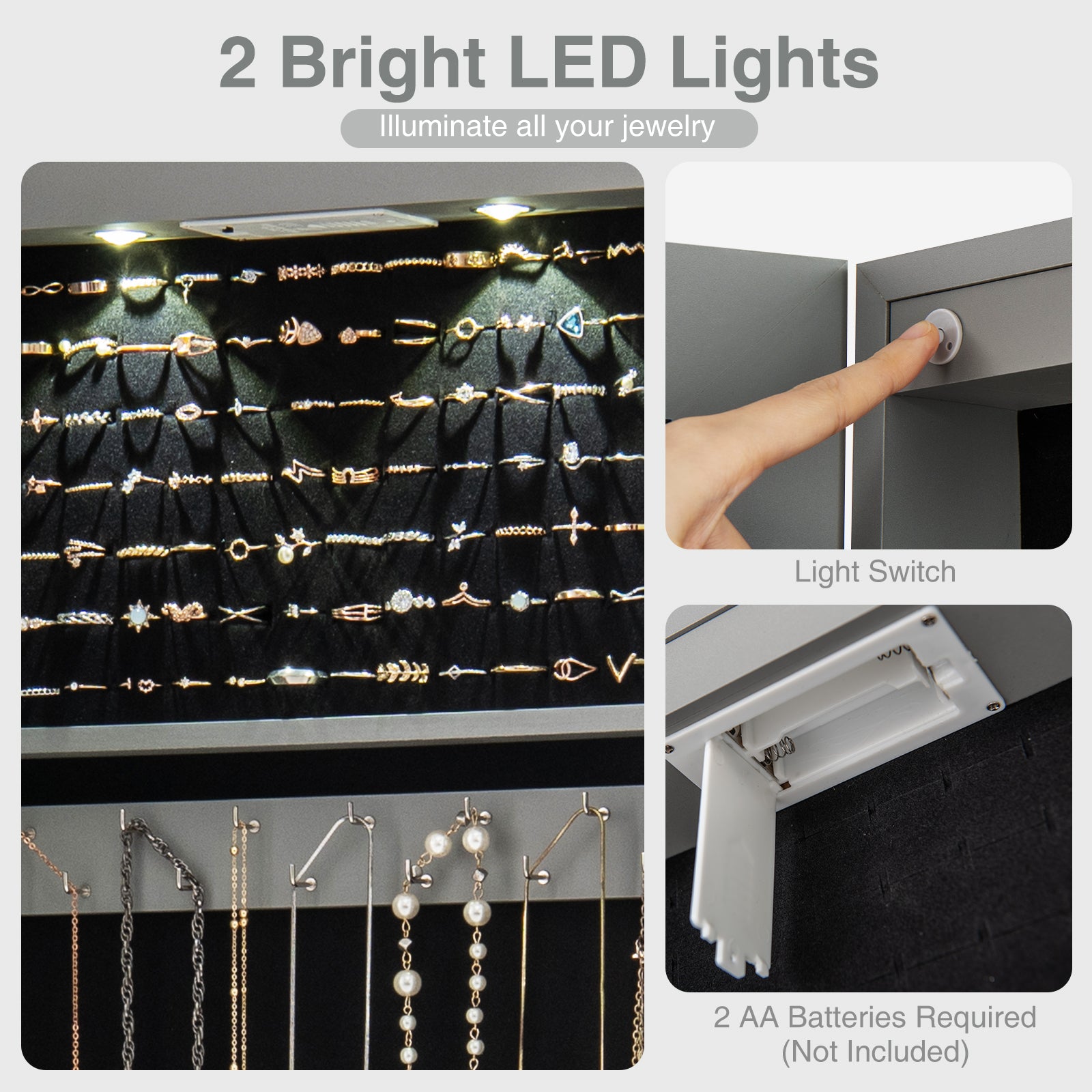 Wall Door Mounted Mirrored Jewelry Cabinet With Lights, Gray Jewelry Armoires at Gallery Canada