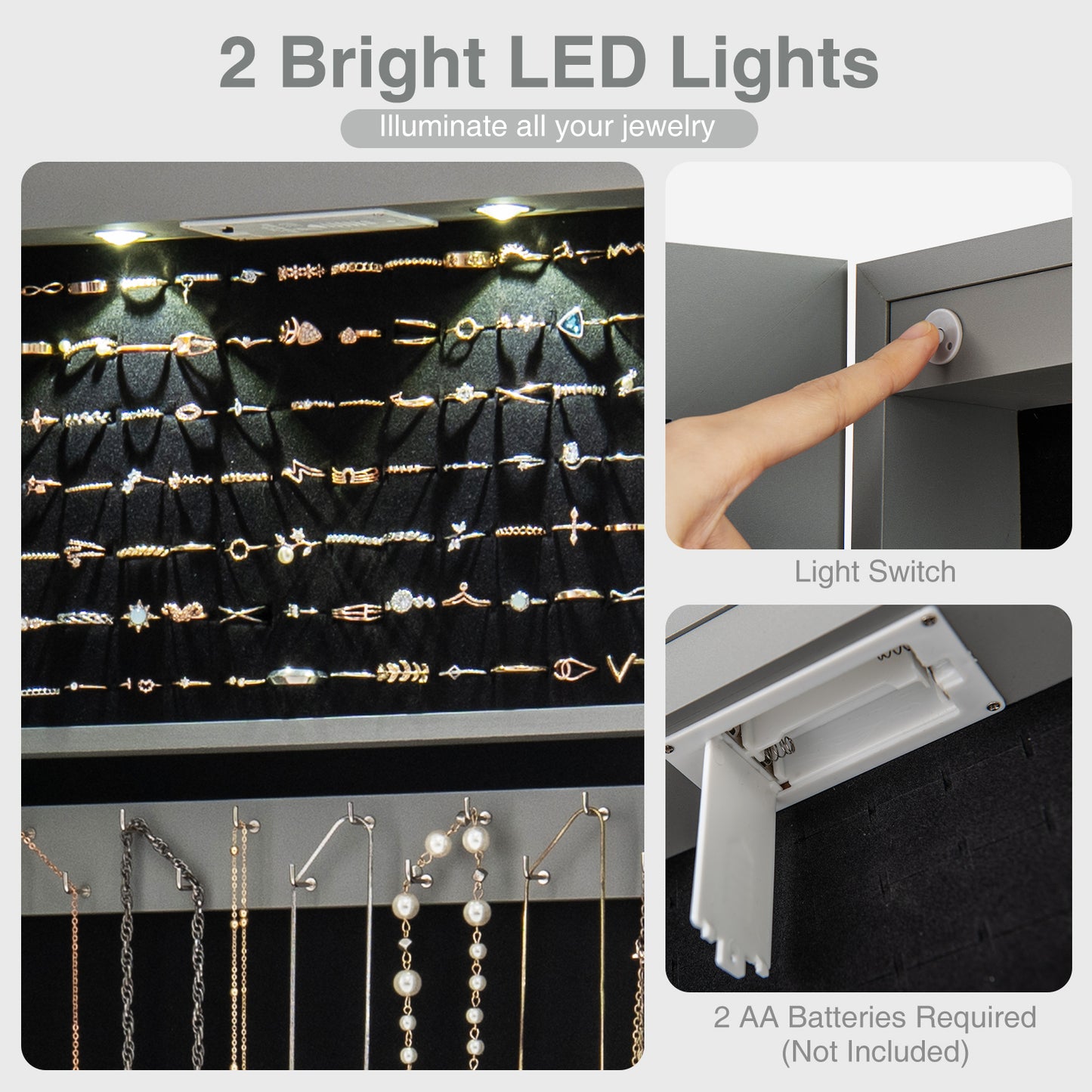 Wall Door Mounted Mirrored Jewelry Cabinet With Lights, Gray Jewelry Armoires at Gallery Canada