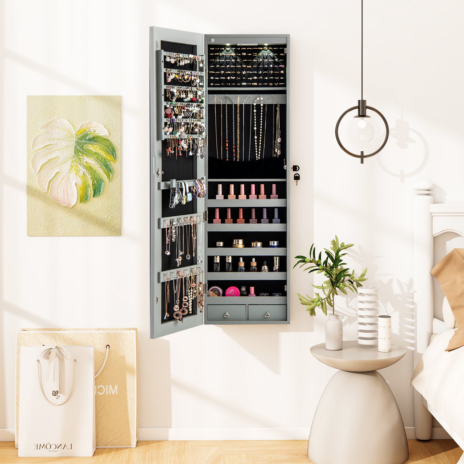 Wall Door Mounted Mirrored Jewelry Cabinet With Lights, Gray Jewelry Armoires at Gallery Canada