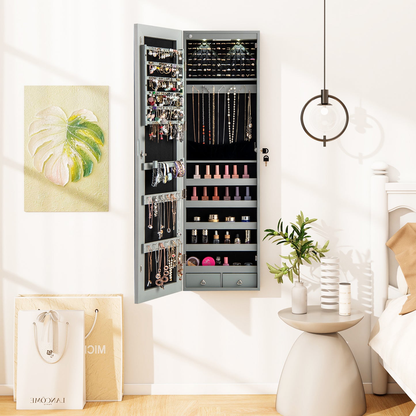 Wall Door Mounted Mirrored Jewelry Cabinet With Lights, Gray Jewelry Armoires at Gallery Canada