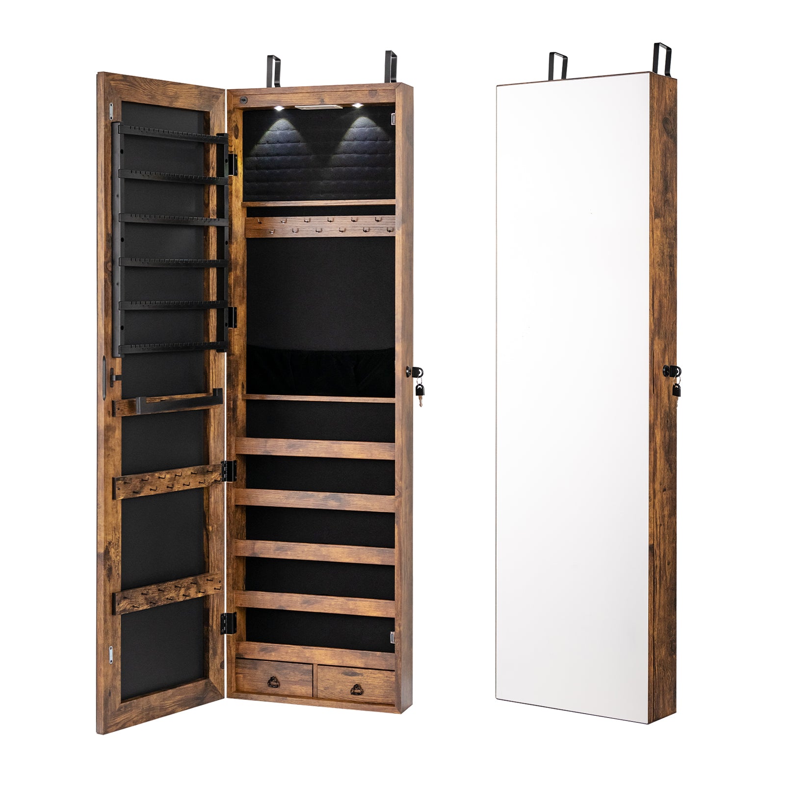 Wall and Door Mounted Mirrored Jewelry Cabinet with Lights, Rustic Brown Jewelry Armoires Rustic Brown at Gallery Canada