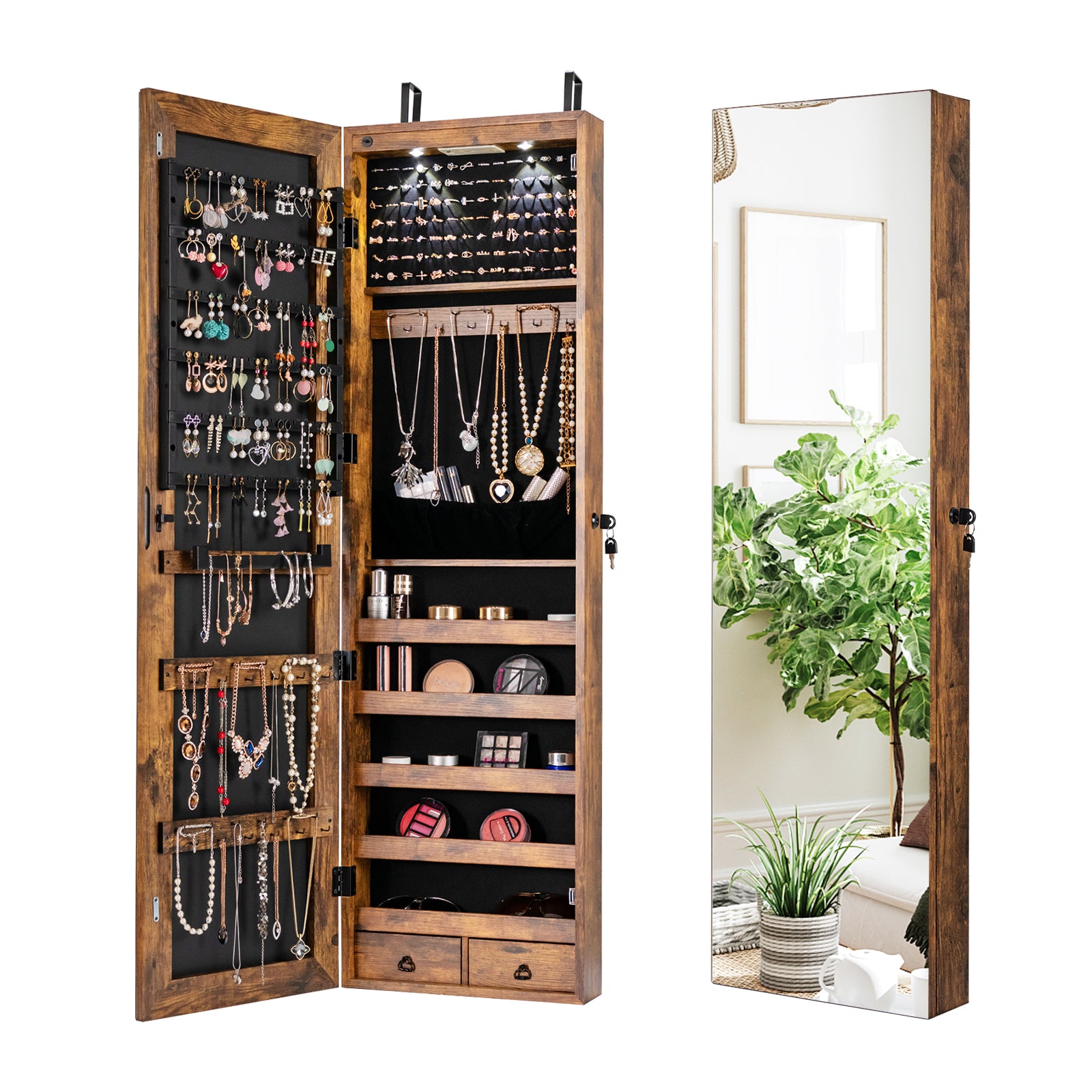 Wall and Door Mounted Mirrored Jewelry Cabinet with Lights, Rustic Brown Jewelry Armoires at Gallery Canada