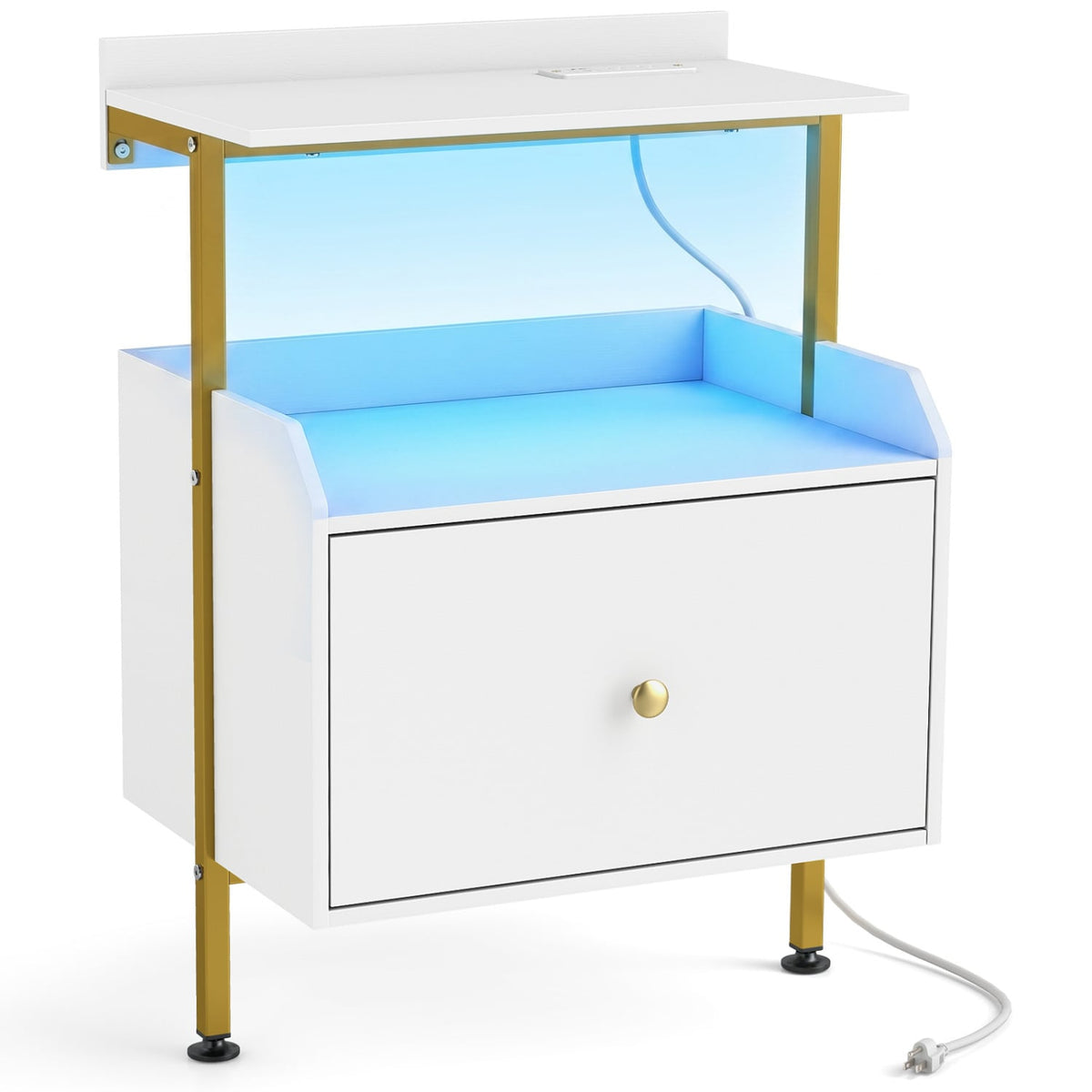 Wall-Mounted Nightstand with LED Lights, Charging Station, White Nightstands White at Gallery Canada