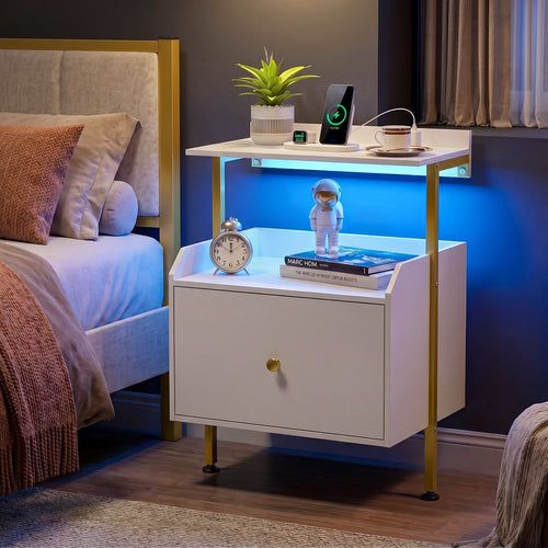 Wall-Mounted Nightstand with LED Lights, Charging Station, White