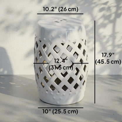 18" Ceramic Garden Stool, Woven Lattice Design, Indoor Outdoor, White Patio Chairs at Gallery Canada