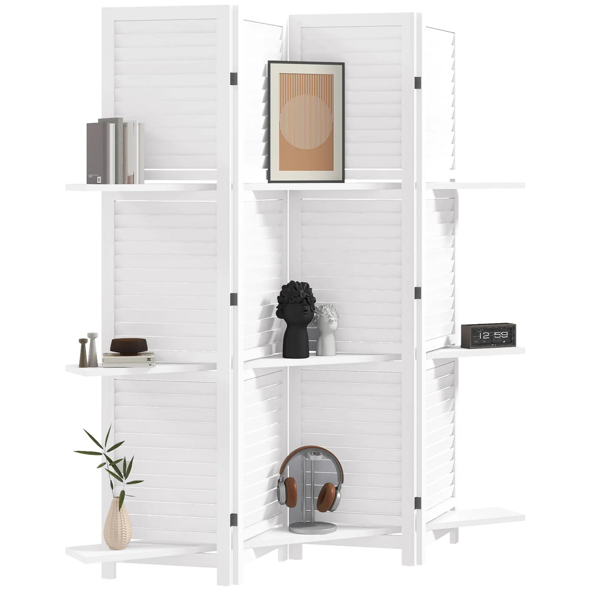 4-Panel Wall Partition, 3 Storage Shelves, Foldable, Wooden Frame, 5.6FT, White Room Dividers White at Gallery Canada