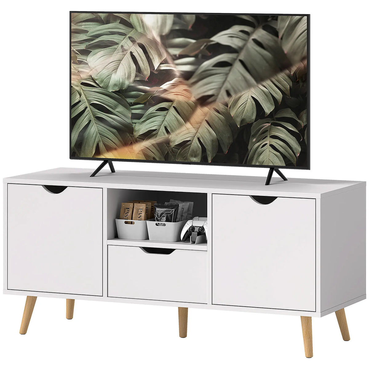 TV Stand for 50" TV, Storage with Shelf, Drawer, 2 Cabinets, White TV Stands White at Gallery Canada