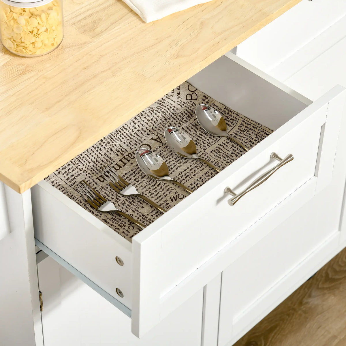 Rolling Kitchen Island with Drawers, Rubber Wood Top, Cabinet, White Kitchen Islands & Kitchen Carts at Gallery Canada