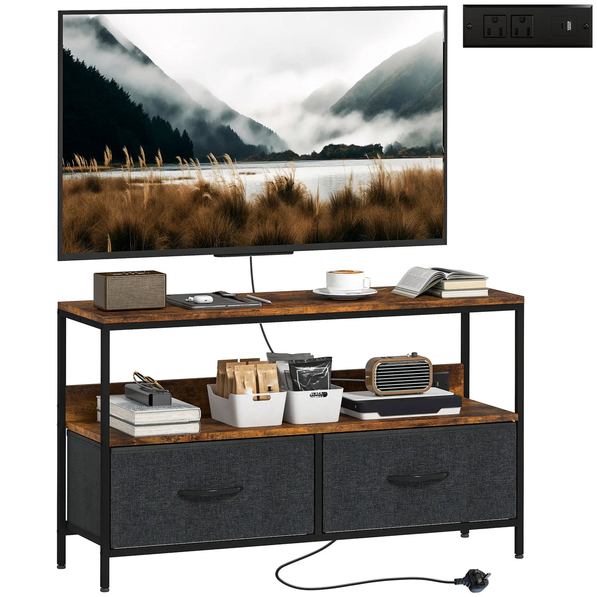 TV Stand With Charging Station, 2 Foldable Linen Drawers, Open Shelf, 47 Inch, Rustic Brown, Brown TV Stands at Gallery Canada