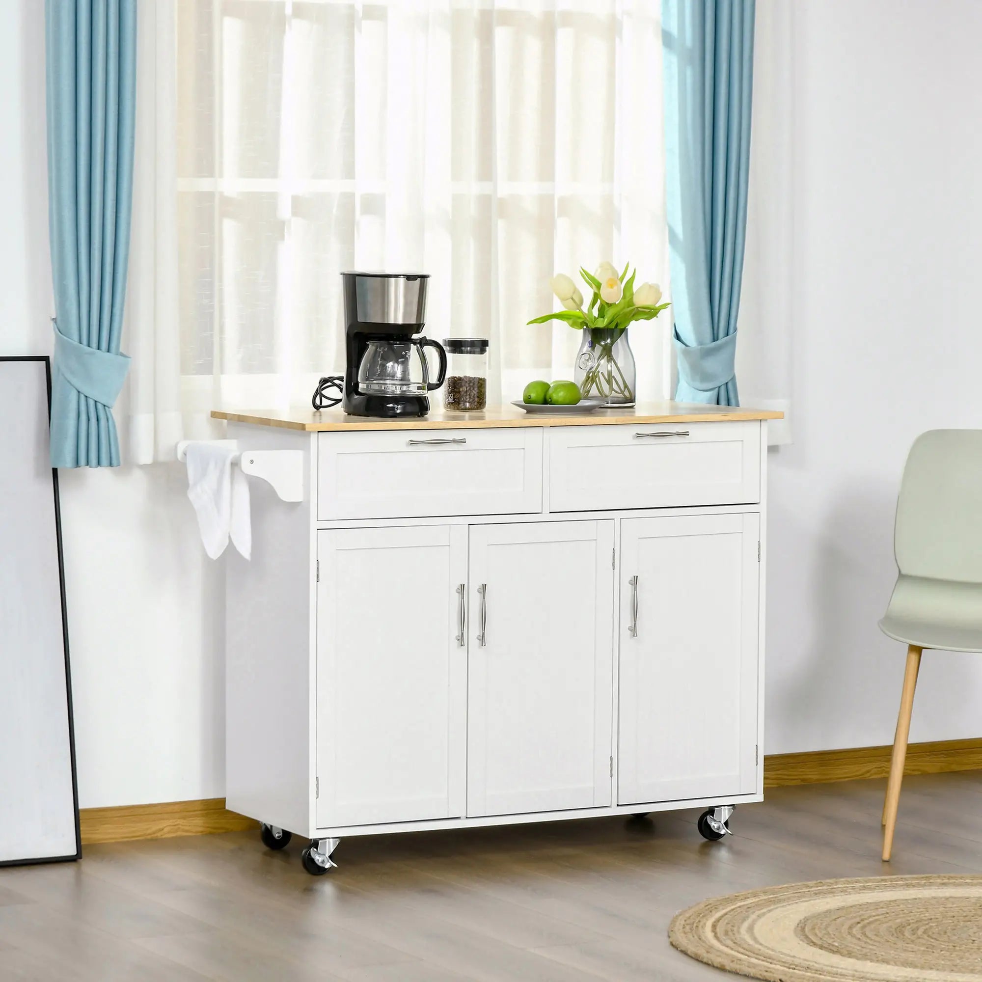 Rolling Kitchen Island, Cart with 2 Drawers, 3 Door Cabinets, 3-Doors, White Kitchen Islands & Kitchen Carts at Gallery Canada