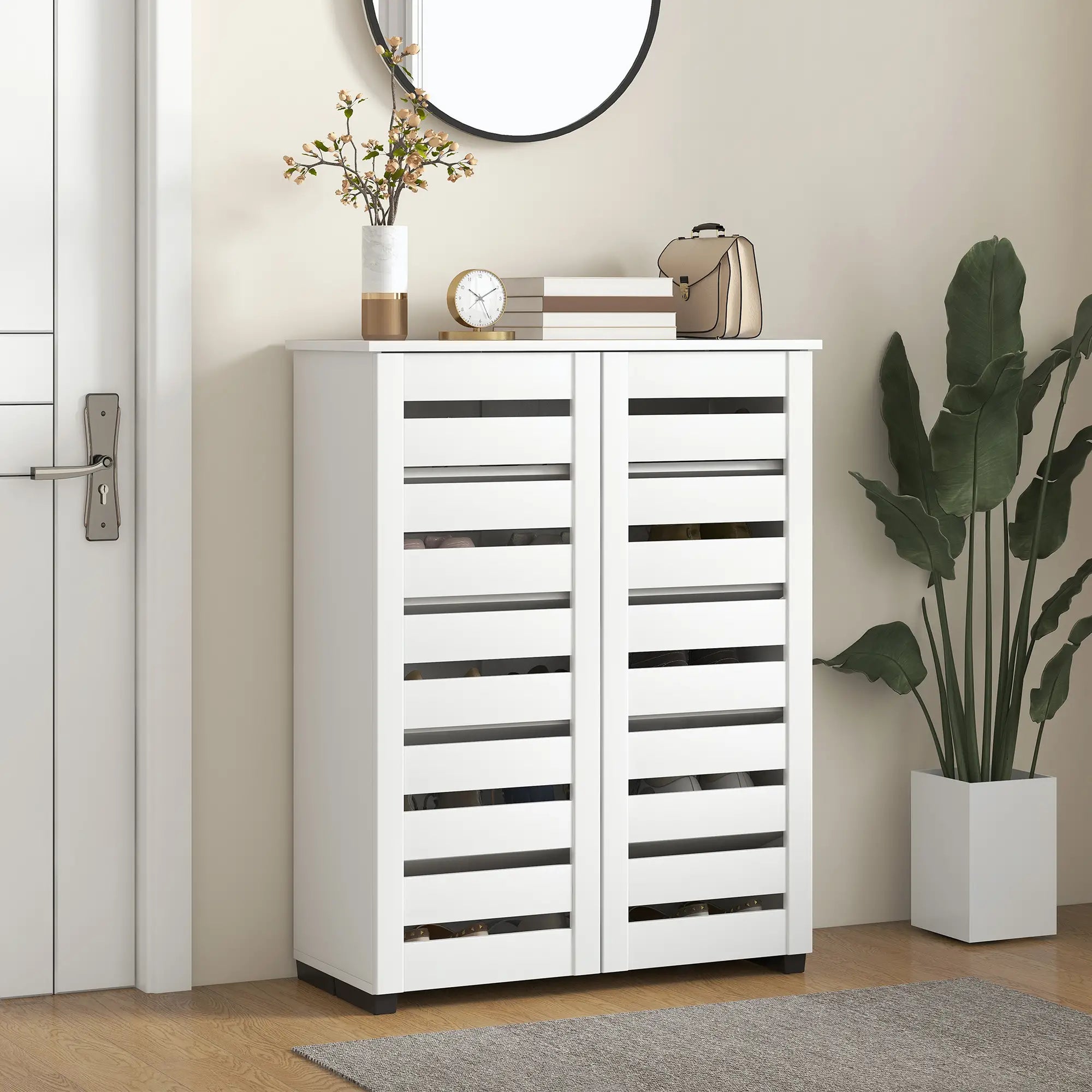 Shoe Storage Cabinet, 2 Slatted Doors, Holds 15 Pairs, White Shoe Storage Cabinets & Racks at Gallery Canada