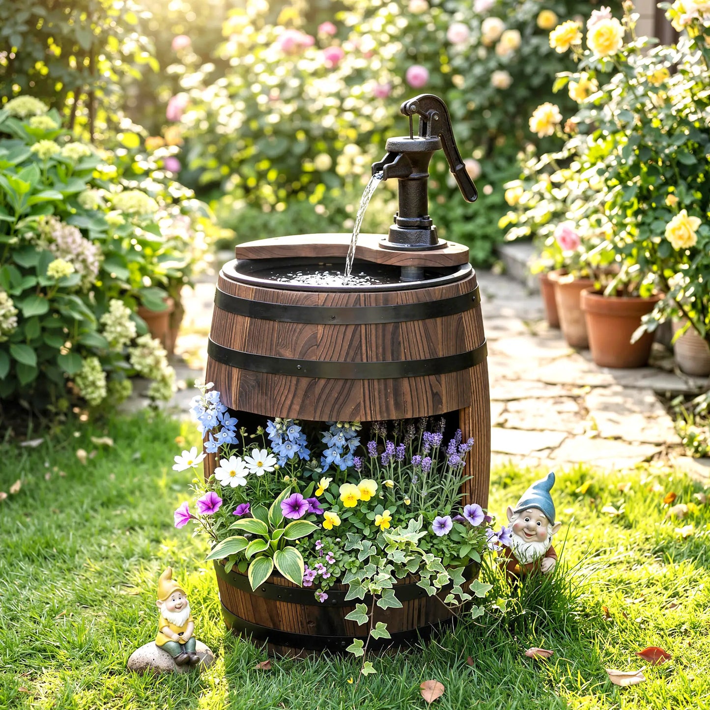 Wooden Outdoor Fountain, Electrical Barrel Waterfall, 3600r/min Pump, Carbonized Water Fountains at Gallery Canada