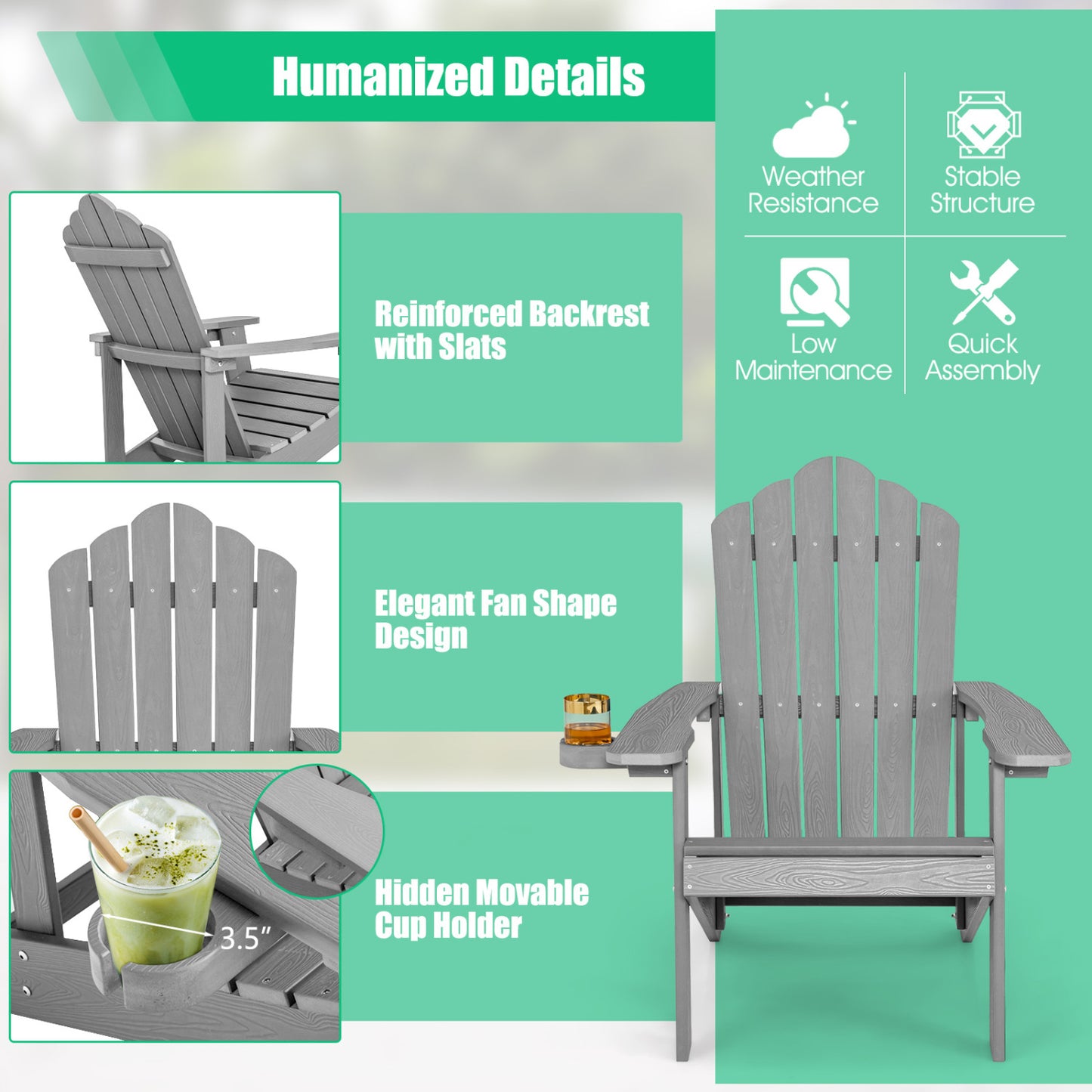 Weather Resistant HIPS Outdoor Adirondack Chair, With Cup Holder, Gray Adirondack Chairs at Gallery Canada