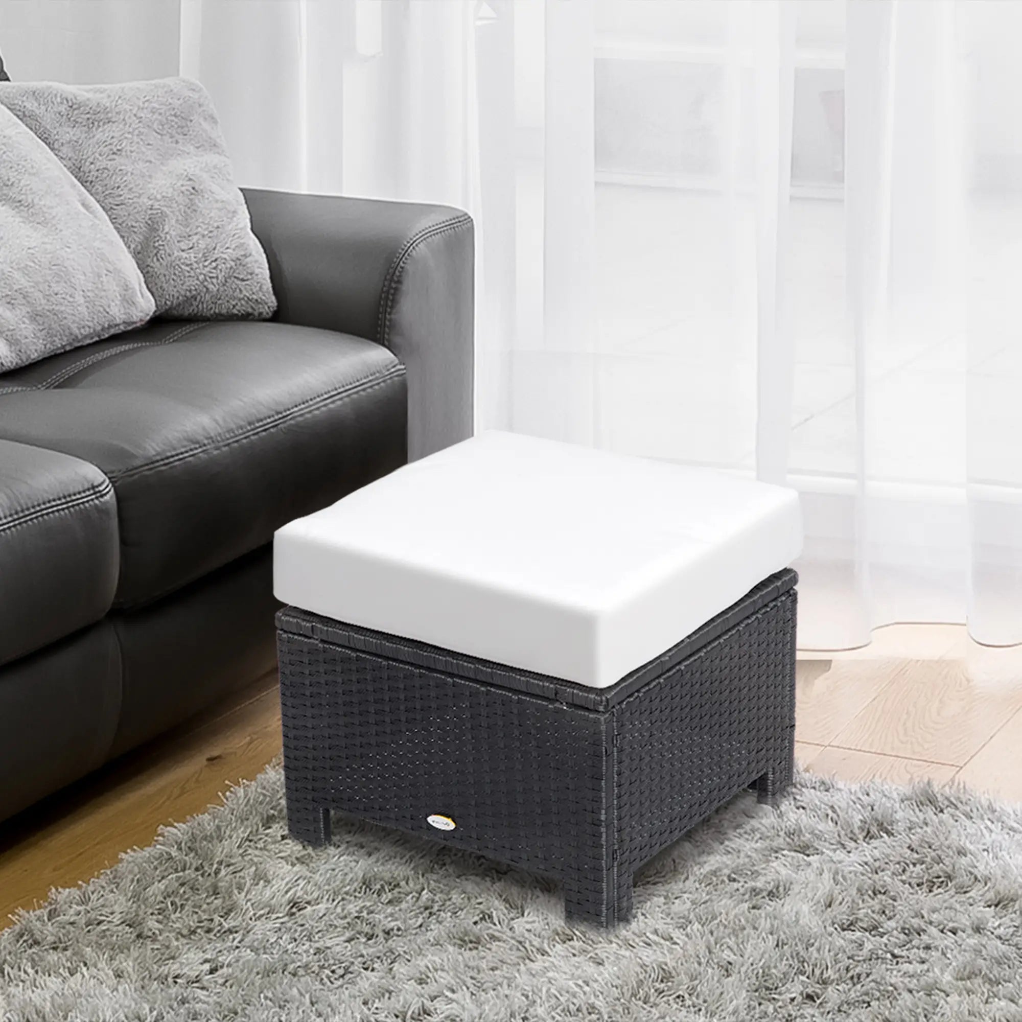Patio Rattan Ottoman, Outdoor Wicker Footrest with Cushion, White Patio Furniture Sets at Gallery Canada