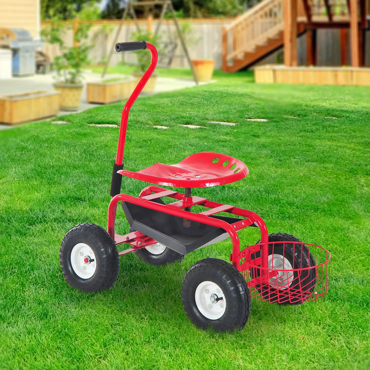 Rolling Garden Scooter Cart, Adjustable Seat, Tool Tray, Red Black, Red Black Folding Garden Carts at Gallery Canada
