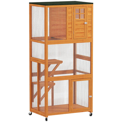74" Wooden Outdoor Cat House, Weatherproof, Wheeled, High Weight Capacity, Orange Outdoor Cat Enclosures at Gallery Canada