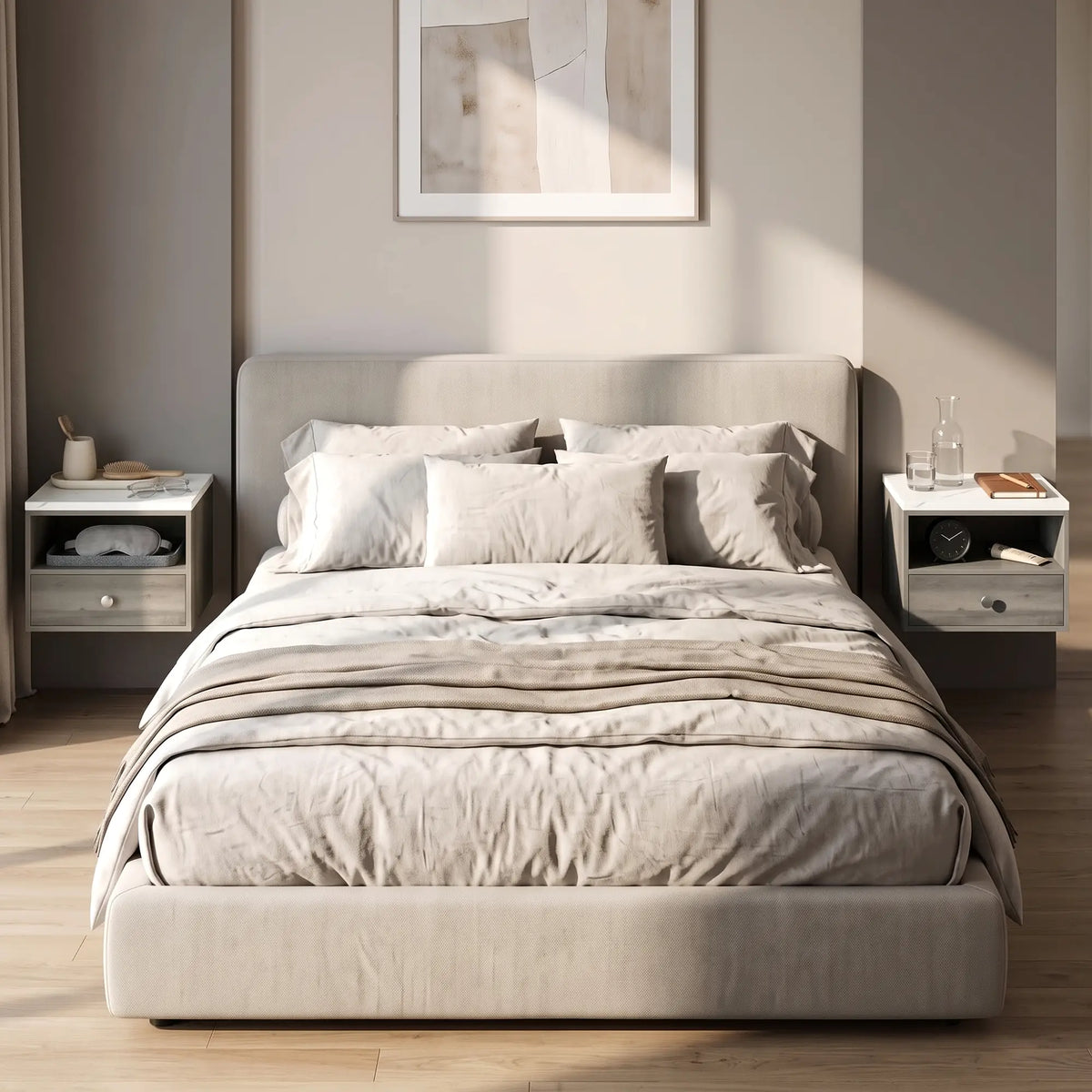Floating Nightstands Set of 2, Drawer, Marble Top, Natural Bedside Tables at Gallery Canada
