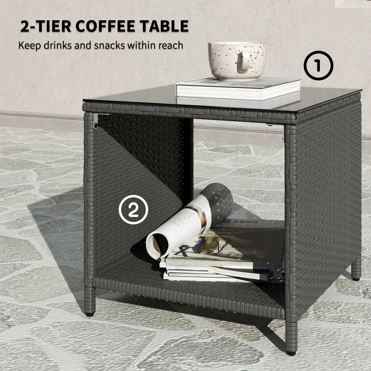 5 Piece Rattan Balcony Set, Wicker Outdoor Furniture, 2-Tier Coffee Table, Ottomans, Cream White, Grey Patio Furniture Sets at Gallery Canada