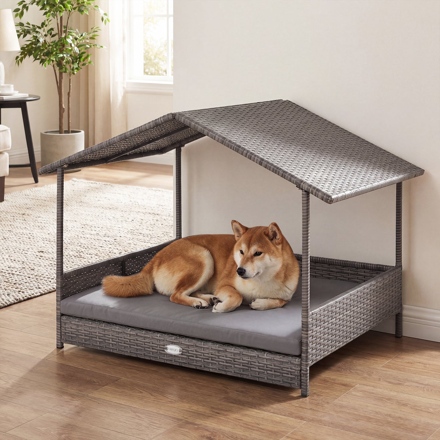 Elevated PE Rattan Dog Bed With Canopy, Gray Dog Kennels at Gallery Canada