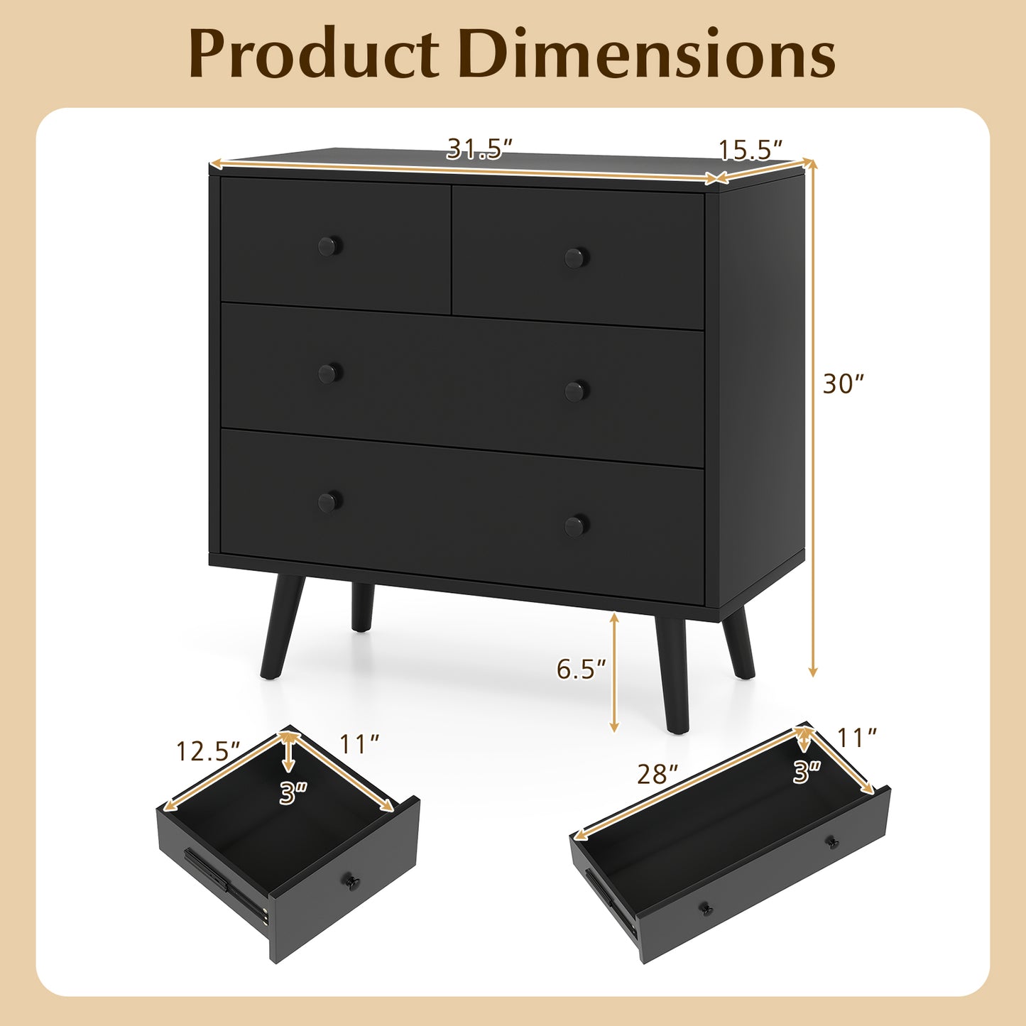 Wide Wooden Dresser with 4 Drawers for Bedroom Living Room, Black Dressers & Chests at Gallery Canada