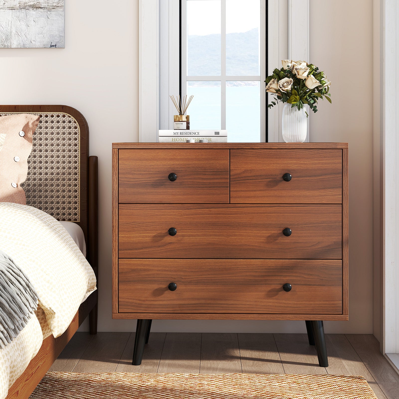 Wide Wooden Dresser with 4 Drawers for Bedroom Living Room, Walnut Dressers & Chests at Gallery Canada