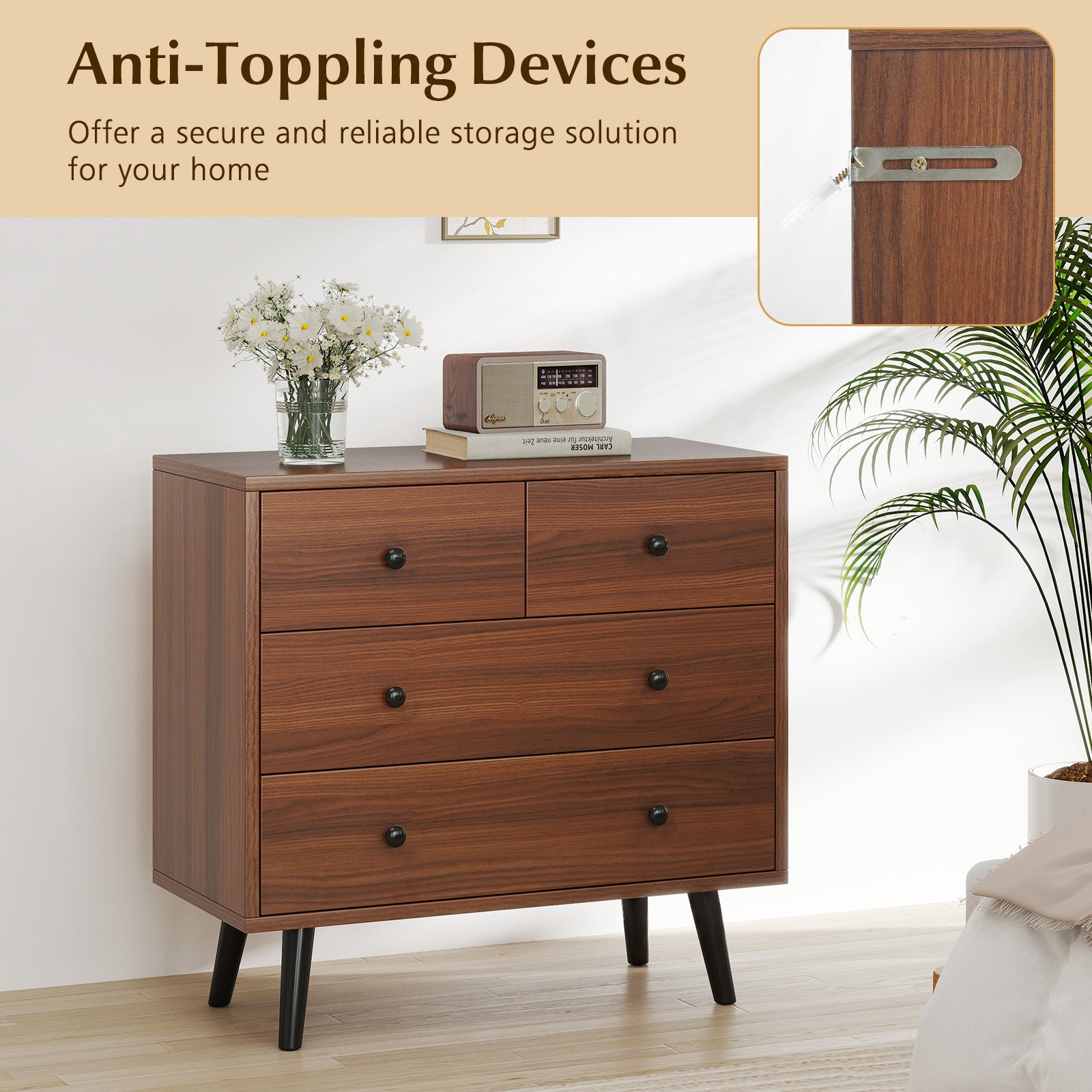Wide Wooden Dresser with 4 Drawers for Bedroom Living Room, Walnut Dressers & Chests at Gallery Canada