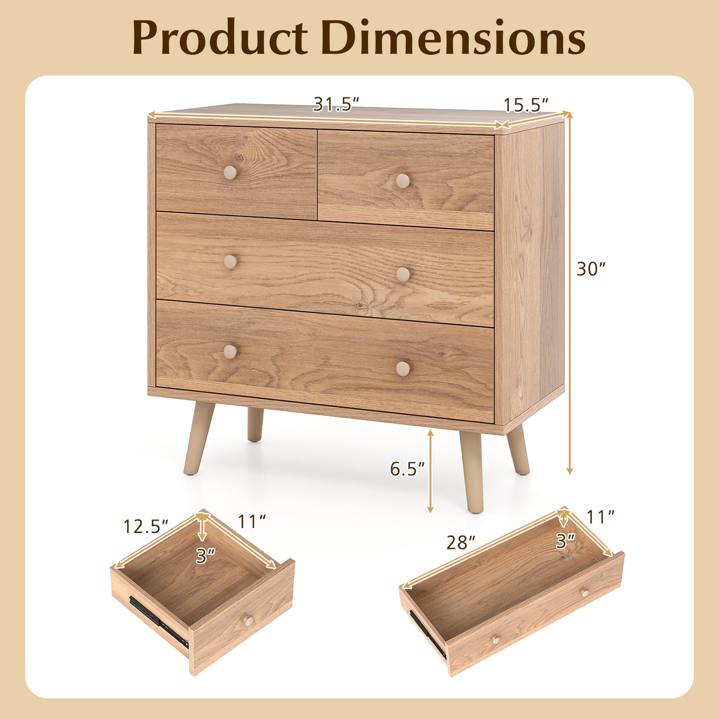 Wide Wooden Dresser with 4 Drawers for Bedroom Living Room, Natural Dressers & Chests at Gallery Canada