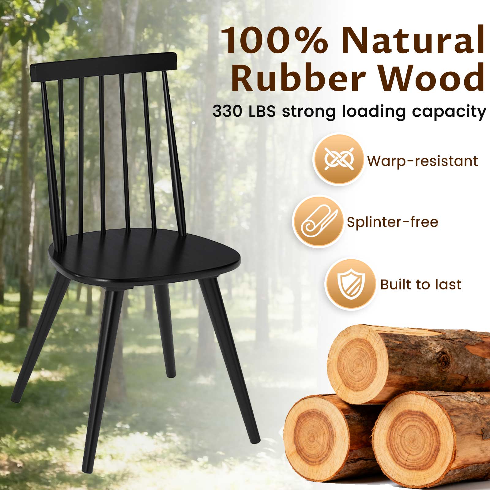 Windsor Dining Chair Set of 2, Solid Rubber Wood, Black Dining Chairs at Gallery Canada