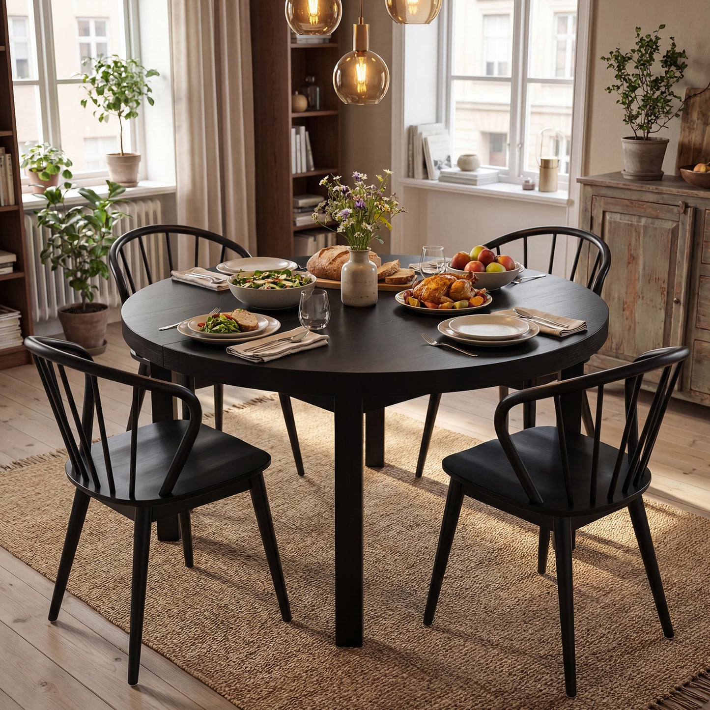 Windsor Dining Chairs Set of 4 with Spindle Backrest, Black Dining Chairs at Gallery Canada