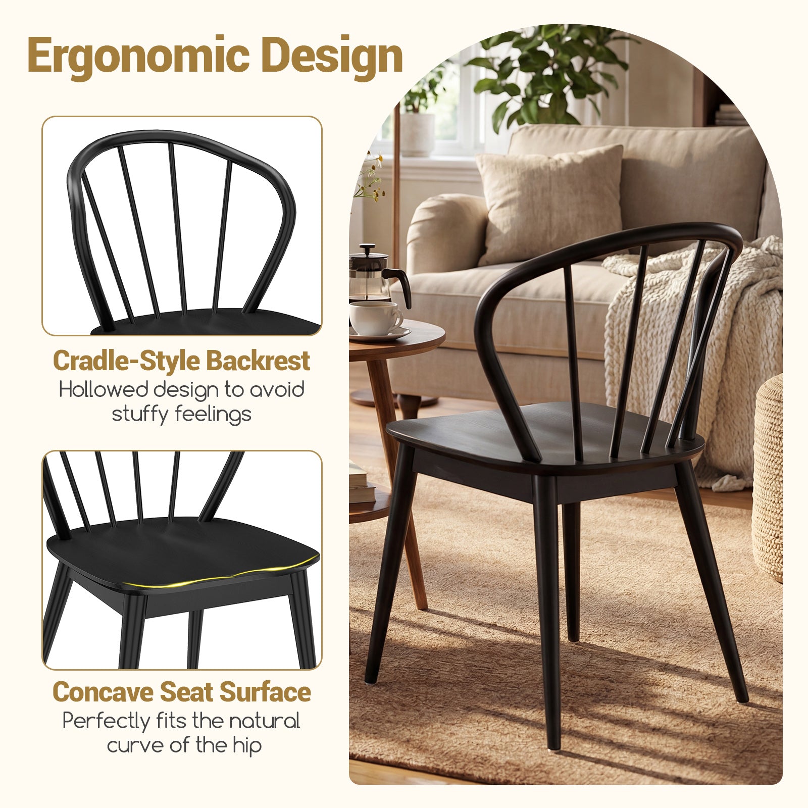 Windsor Dining Chairs Set of 4 with Spindle Backrest, Black Dining Chairs at Gallery Canada