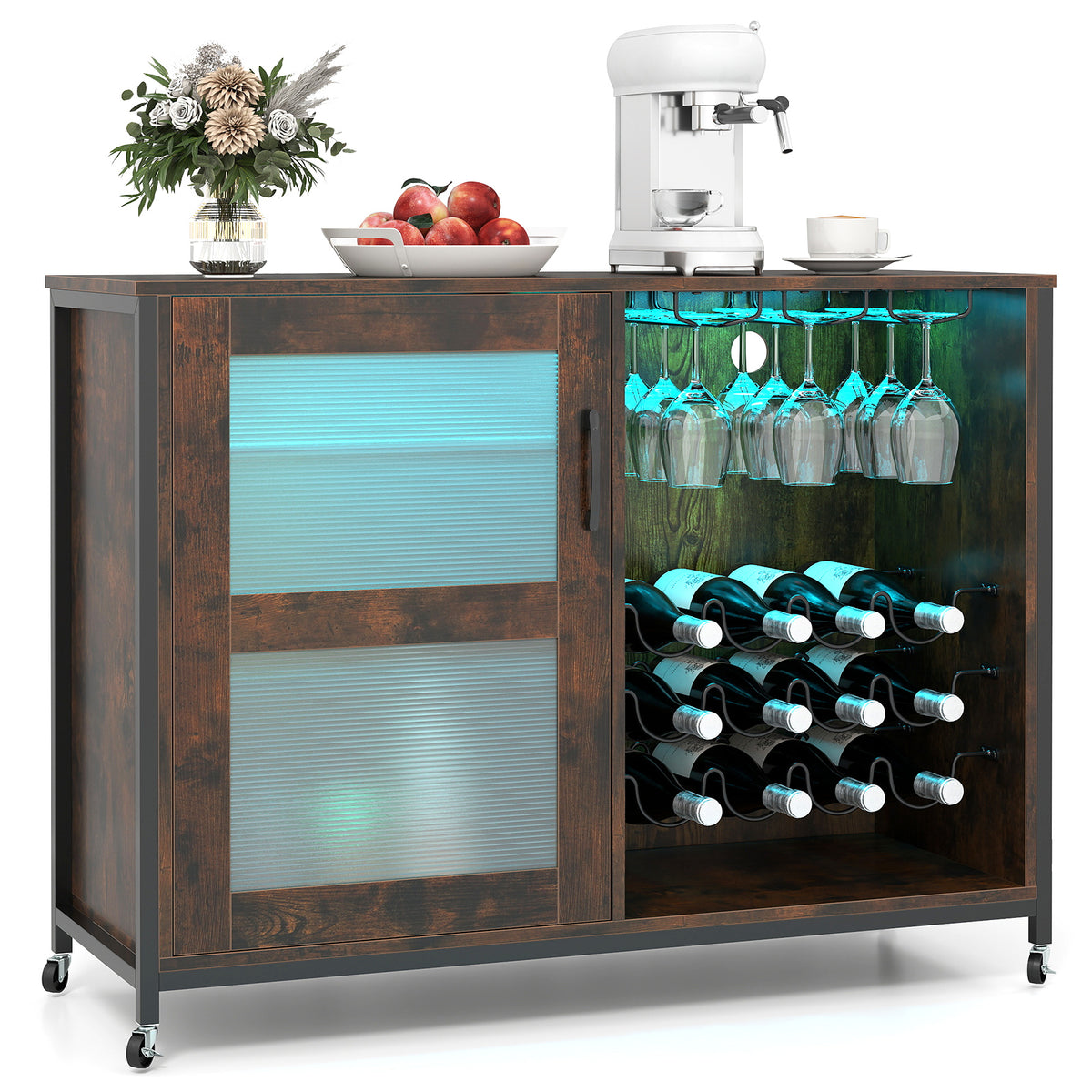 Wine Bar Cabinet, Adjustable Shelves, LED Light, Rustic Brown Wine Racks Rustic Brown at Gallery Canada