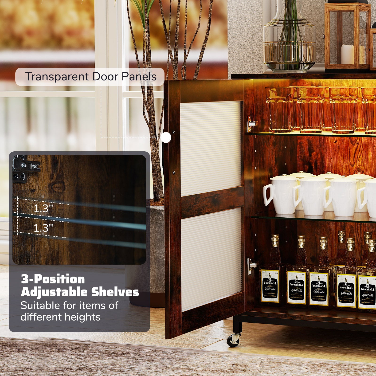 Wine Bar Cabinet, Adjustable Shelves, LED Light, Rustic Brown Wine Racks at Gallery Canada