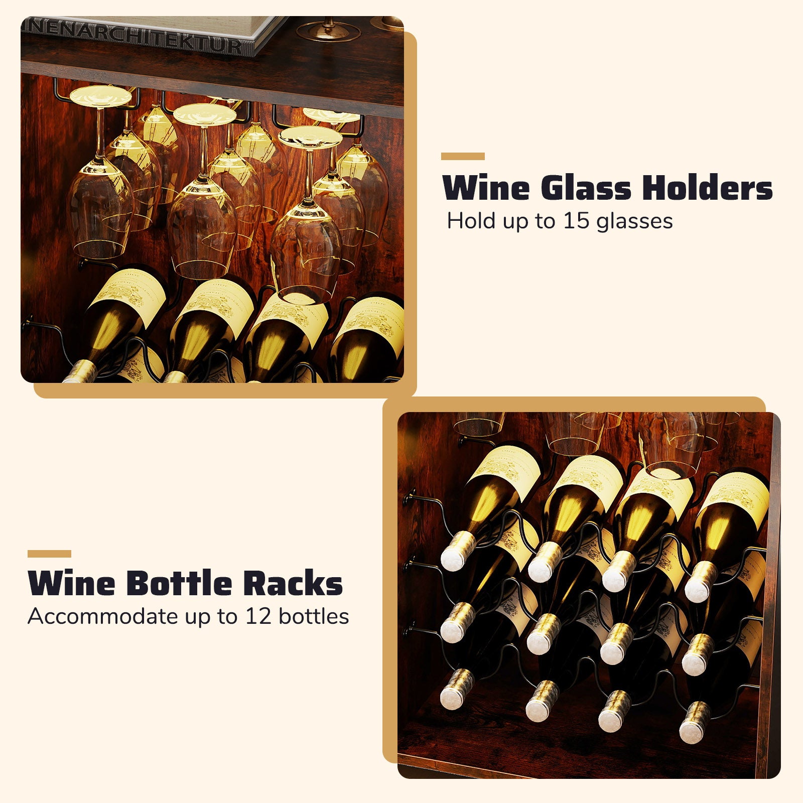 Wine Bar Cabinet, Adjustable Shelves, LED Light, Rustic Brown Wine Racks at Gallery Canada
