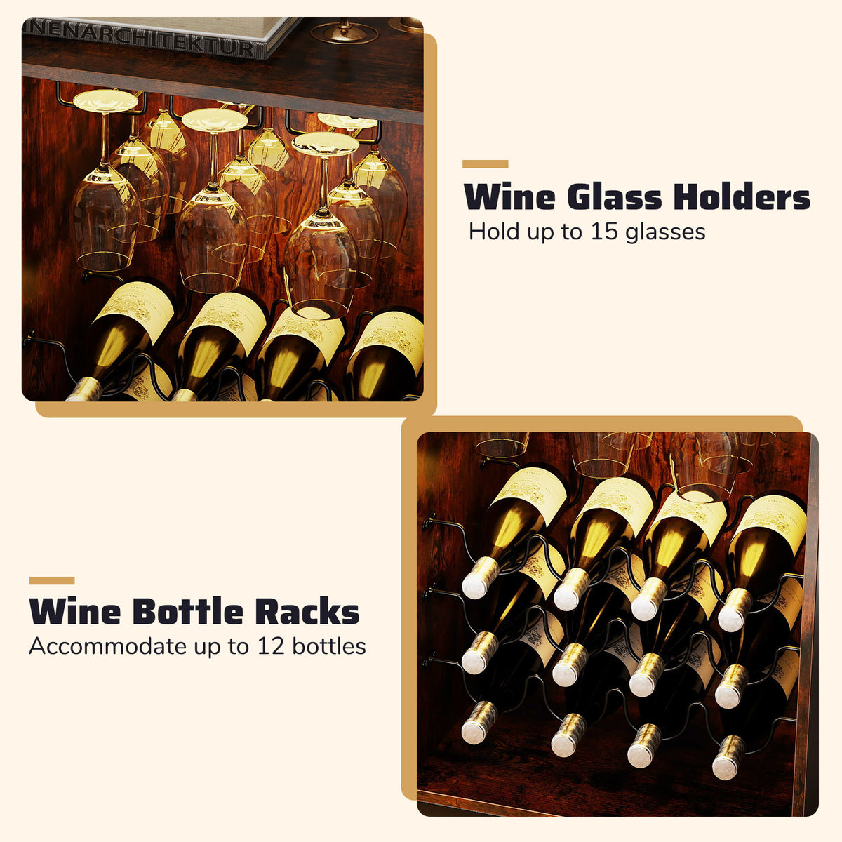Wine Bar Cabinet, Adjustable Shelves, LED Light, Rustic Brown Wine Racks at Gallery Canada