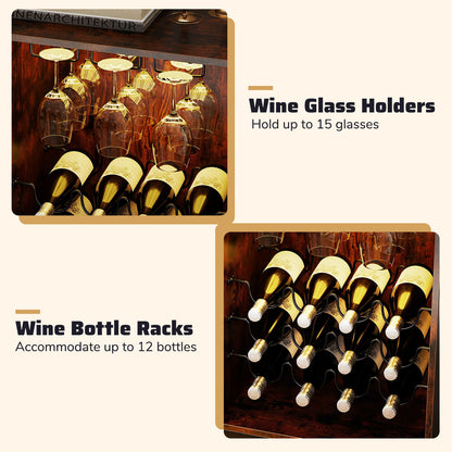 Wine Bar Cabinet, Adjustable Shelves, LED Light, Rustic Brown Wine Racks at Gallery Canada