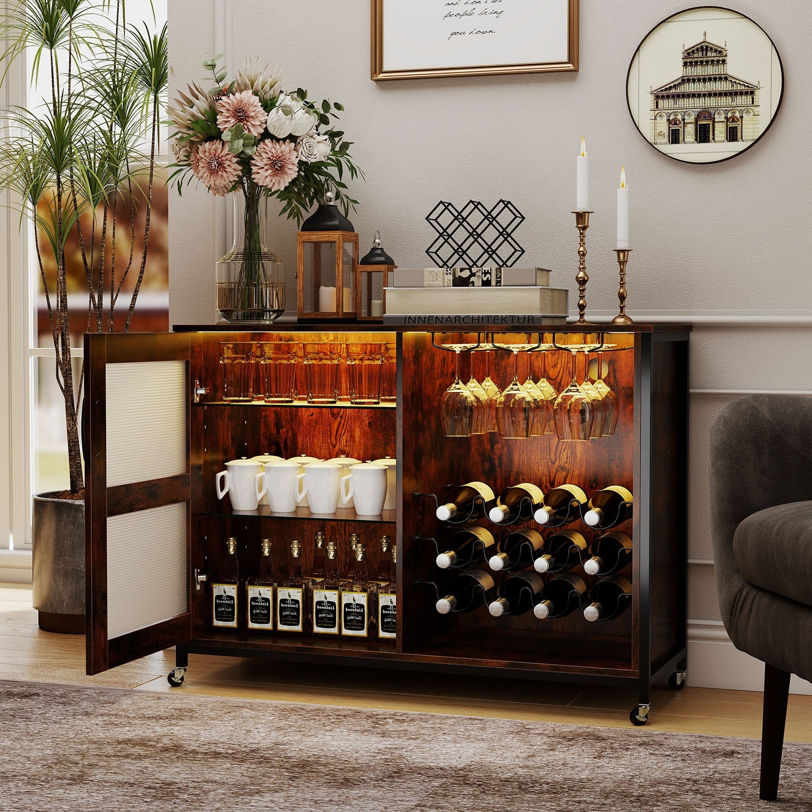 Wine Bar Cabinet, Adjustable Shelves, LED Light, Rustic Brown Wine Racks at Gallery Canada
