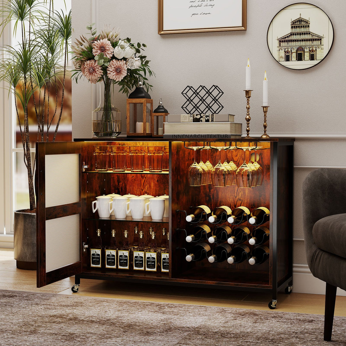 Wine Bar Cabinet, Adjustable Shelves, LED Light, Rustic Brown Wine Racks at Gallery Canada