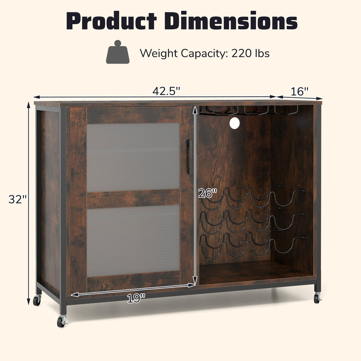 Wine Bar Cabinet, Adjustable Shelves, LED Light, Rustic Brown Wine Racks at Gallery Canada