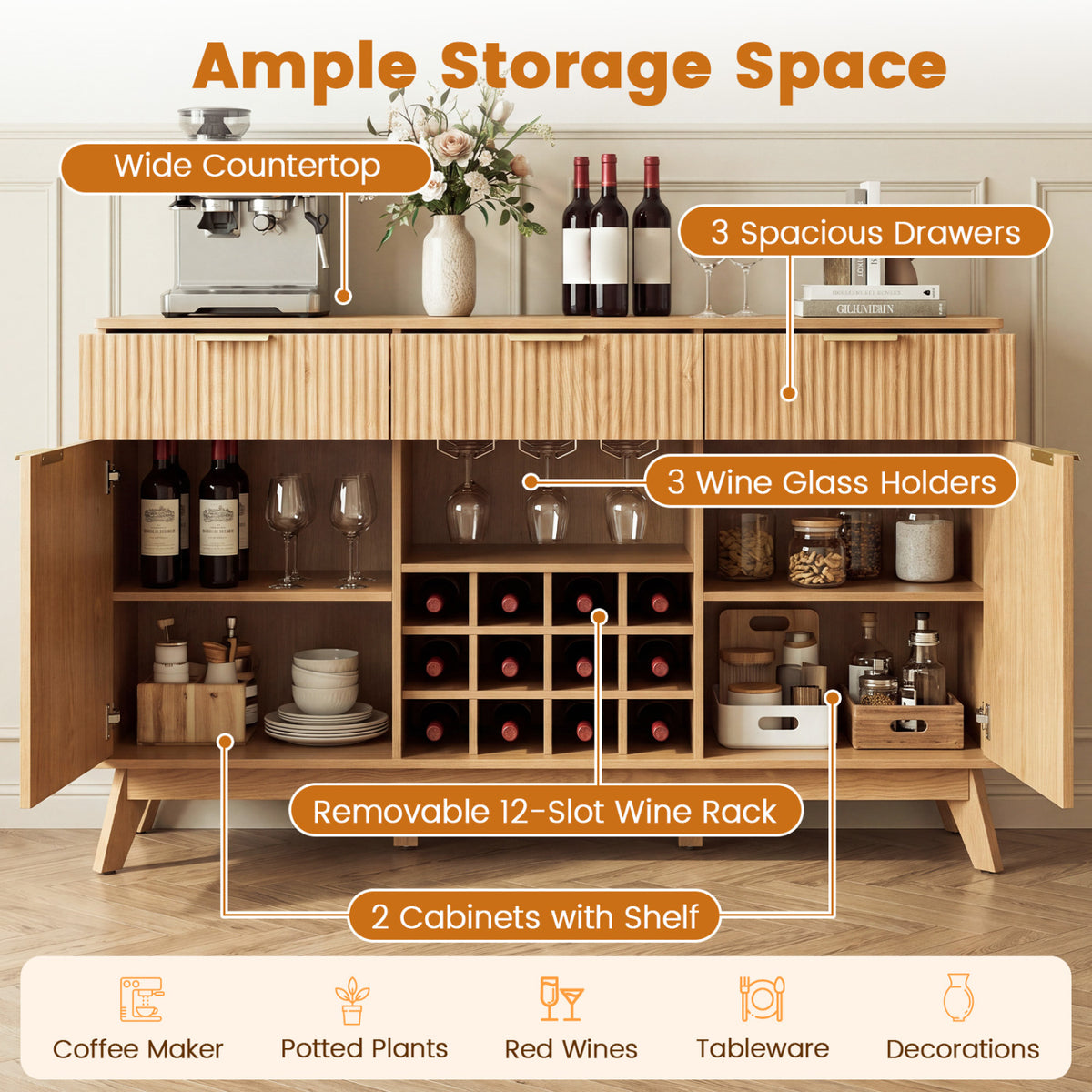 Wine Bar Cabinet, 2 Doors, 3 Glass Holders, Natural Sideboards Cabinets & Buffets at Gallery Canada