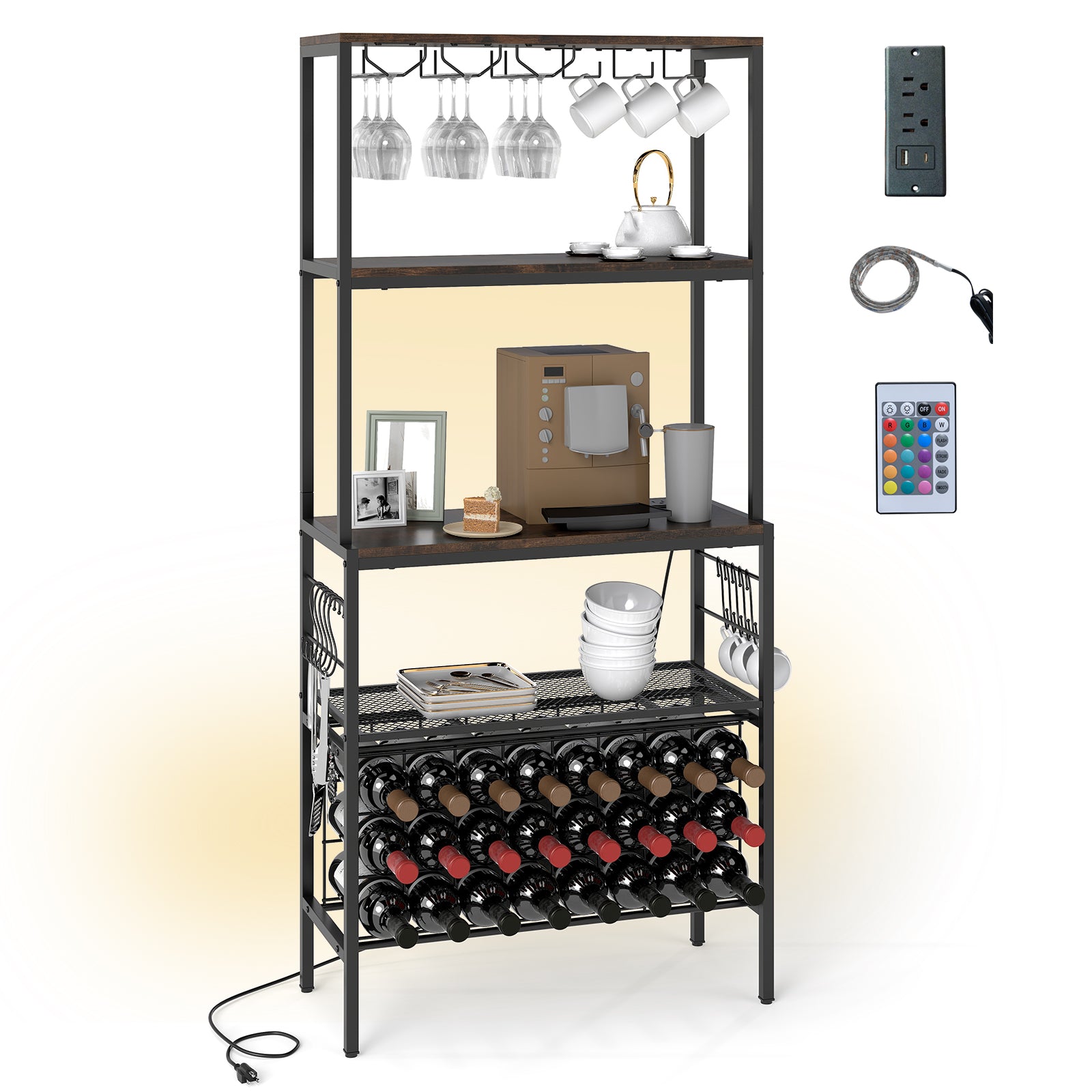 Wine Organizer With Power Outlet, Bottle Holders, Rustic Brown Wine Racks at Gallery Canada