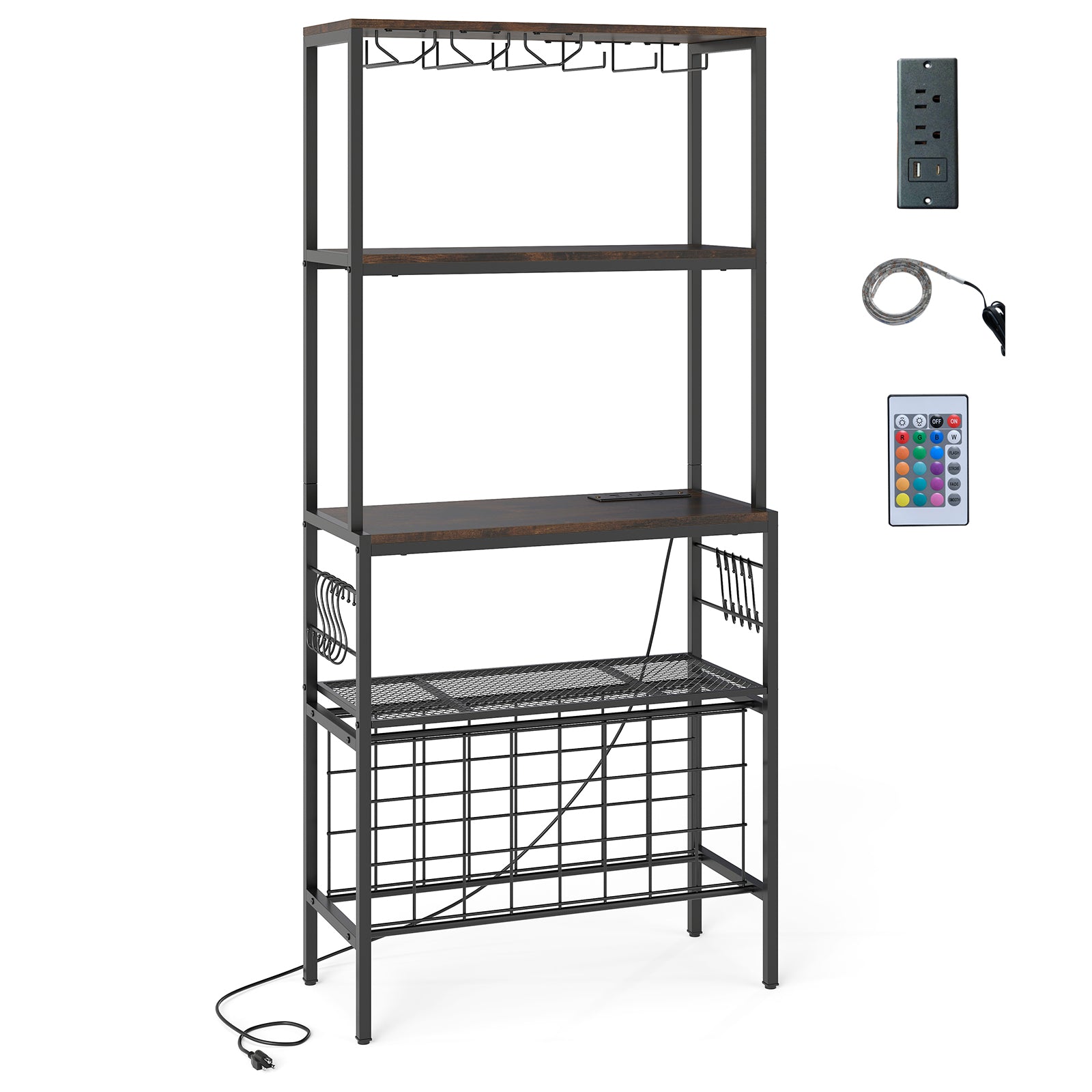 Wine Organizer With Power Outlet, Bottle Holders, Rustic Brown Wine Racks at Gallery Canada