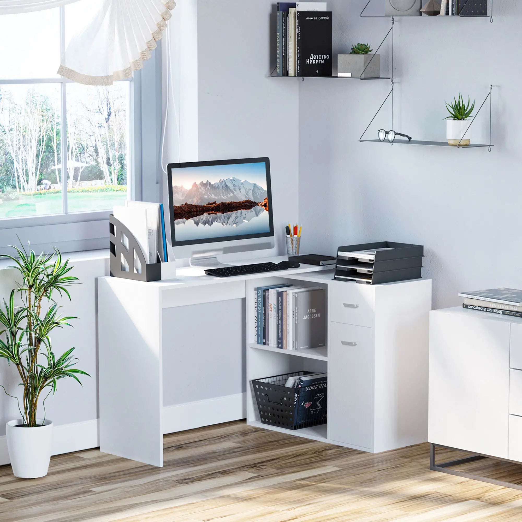 180° Rotating Corner Desk, Storage Shelf Cabinet, White Writing Desks at Gallery Canada