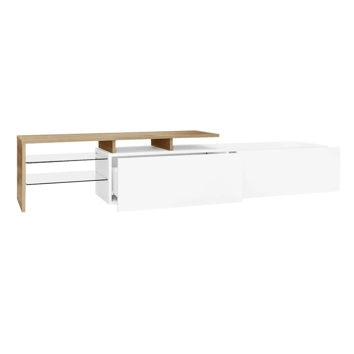 TV Stand With Glass Shelves, LED Lighting, 67" L x 13" W x 13" H, Natural, White TV Stands at Gallery Canada