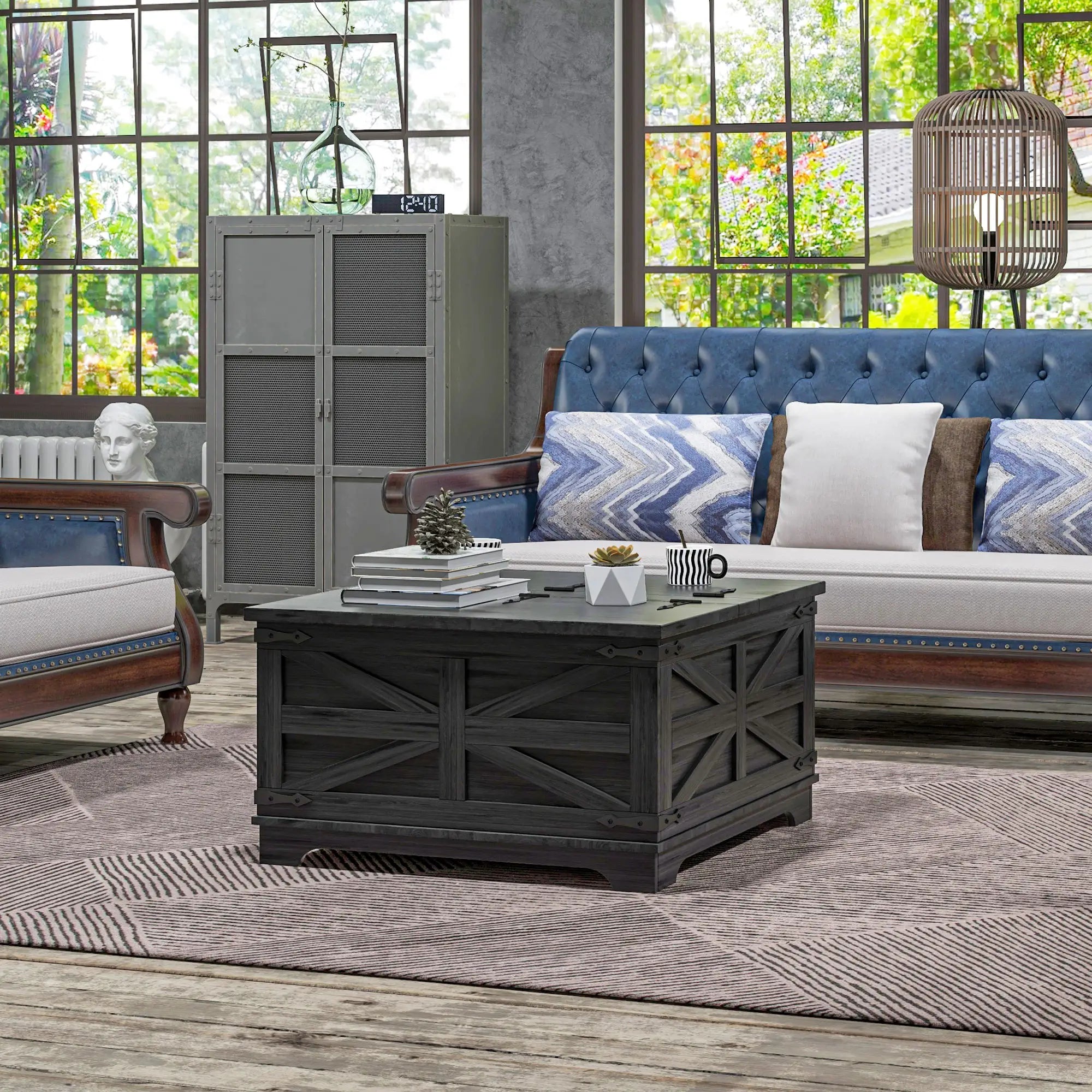 Farmhouse Coffee Table, Square Flip-Top Lid, Hidden Storage, Black Coffee Tables at Gallery Canada