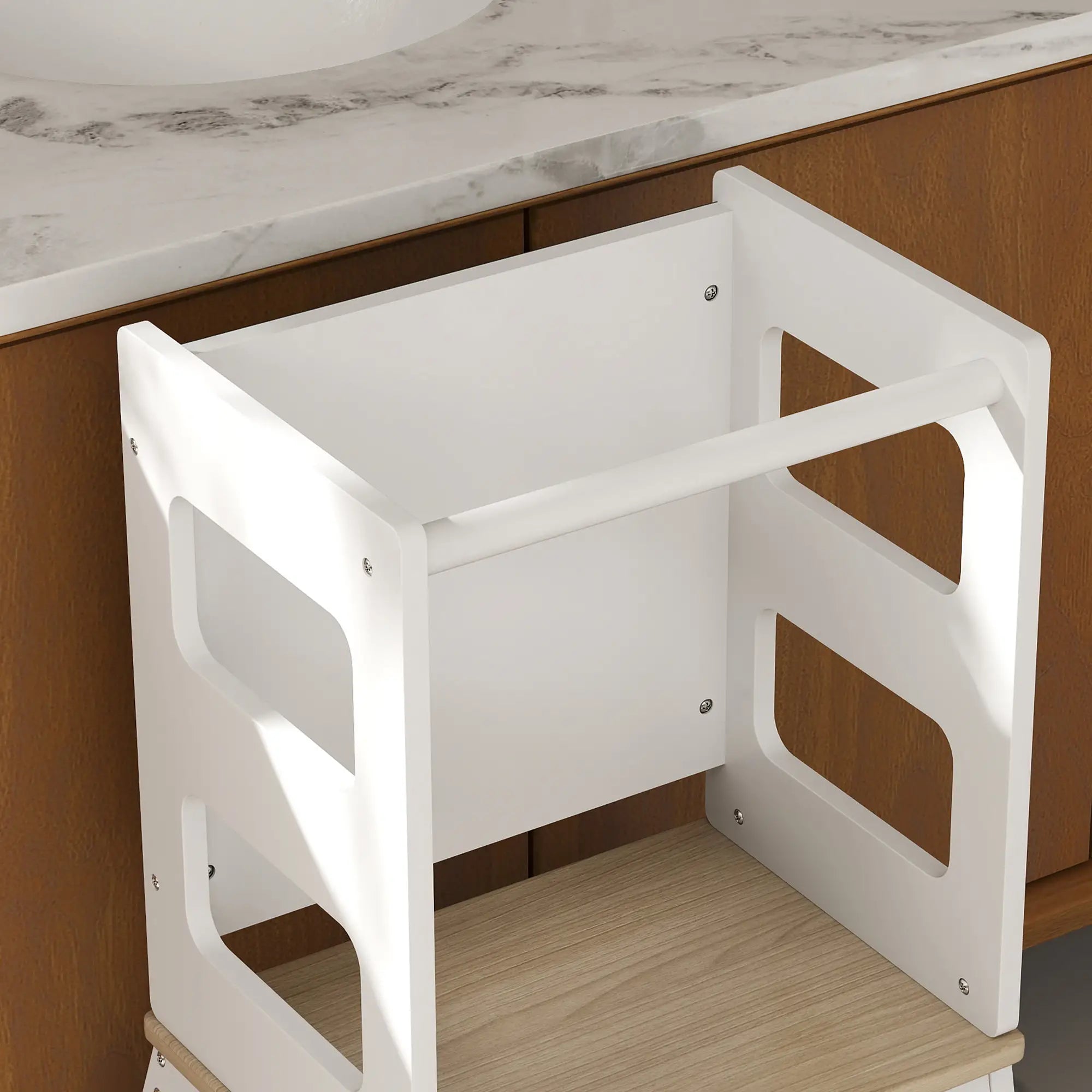 2 in 1 Toddler Tower with Chalkboard, Safety Rail, White Toddler & Kids Step Stools at Gallery Canada