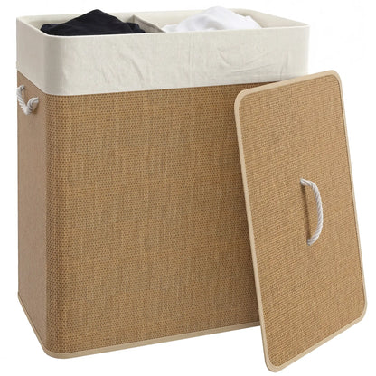 Double Laundry Basket with Lid, 100L Bamboo Hamper, Removable Bags, Brown Clothing Storage at Gallery Canada