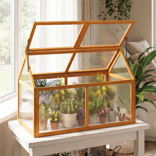 Wood Cold Frame Greenhouse Raised Flower Planter Protection with Adjustable Roof, Orange