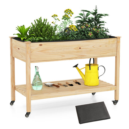Wood Elevated Planter Bed With Lockable Wheels, Shelf, Liner, Natural Raised Garden Beds at Gallery Canada